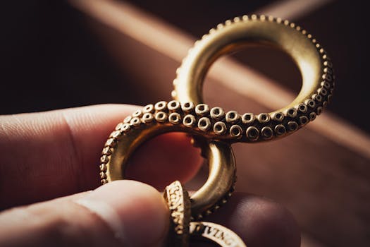 Close-up of a decorative brass keychain with octopus tentacle design in soft lighting.